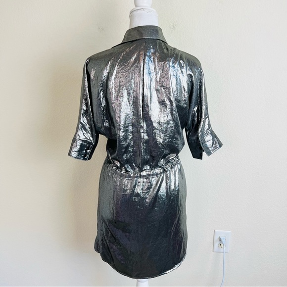 BCBGMaxAzria Silver Gunmetal Metallic Belt Tie Cinched Button Down Dress - Picture 2 of 14